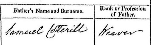 Samuel Cotterell's name and occupation as recorded on his son, Edmund's, marriage certificate