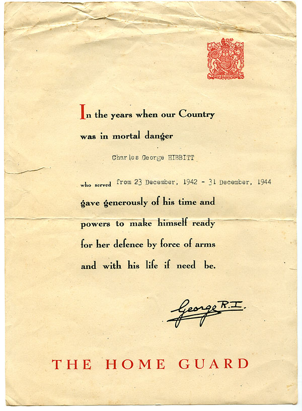 The Home Guard Certificate which belonged to Charles George Hibbitt